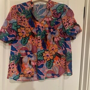 THML Multicolor Floral V-Neck Puff Sleeve Blouse